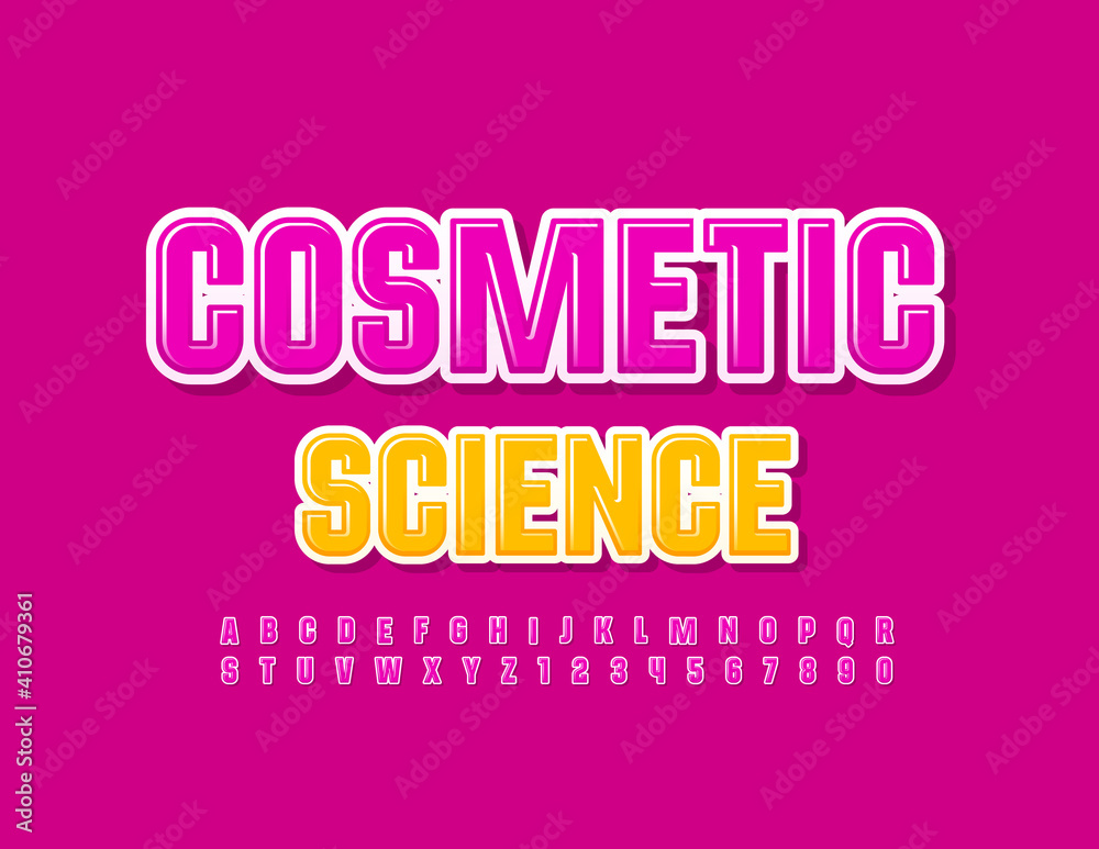 Vector modern sign Cosmetic Science. Red bright Font. Stylish Alphabet Letters and Numbers set Vector modern sign Cosmetic Science. Red bright Font. Stylish Alphabet Letters and Numbers set