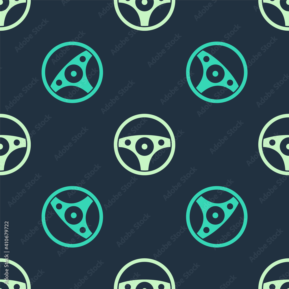 Obraz premium Green and beige Steering wheel icon isolated seamless pattern on blue background. Car wheel icon. Vector.