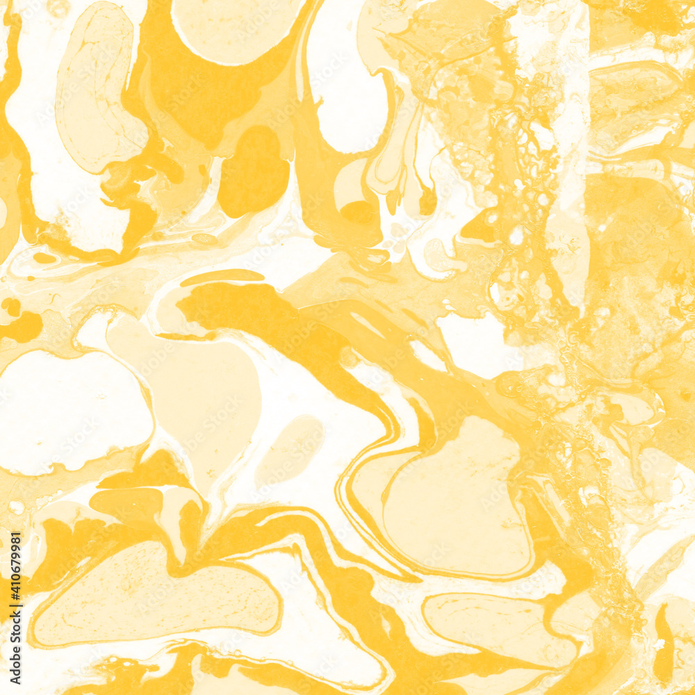 Naklejka premium Yellow luxury marble ink texture on watercolor paper background. Marble stone image. Bath bomb effect. Psychedelic biomorphic art.