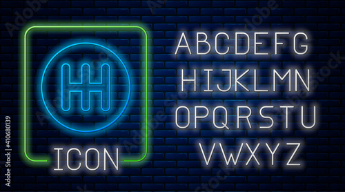 Glowing neon Gear shifter icon isolated on brick wall background. Transmission icon. Neon light alphabet. Vector.