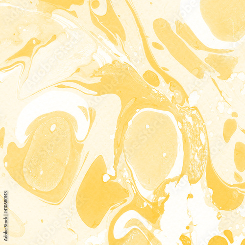 Yellow luxury marble ink texture on watercolor paper background. Marble stone image. Bath bomb effect. Psychedelic biomorphic art.