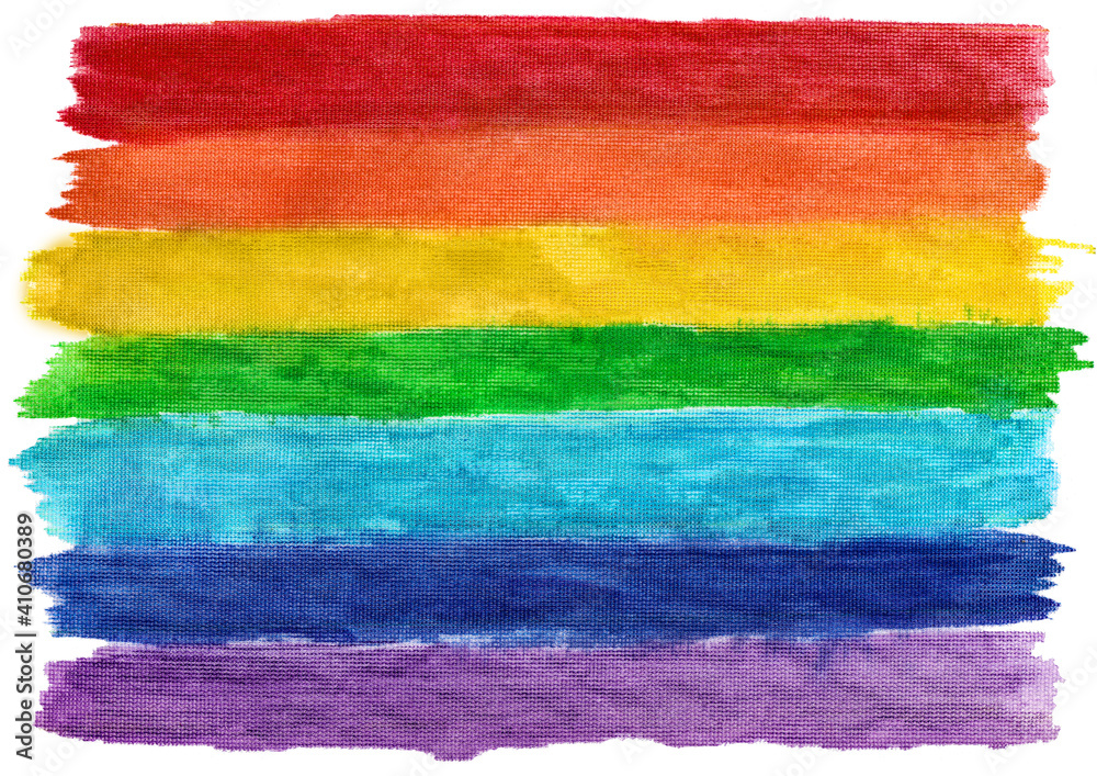 Bright background of LGBTQ flag, hand drawn in watercolor on fabric. Striped rough grunge texture in rainbow colors isolated on white Bright background of LGBTQ flag, hand drawn in watercolor on fabric. Striped rough grunge texture in rainbow colors isolated on white