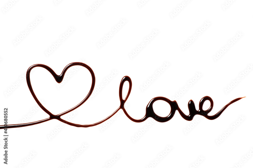 Word Love with heart made of chocolate on white background, top view Word Love with heart made of chocolate on white background, top view