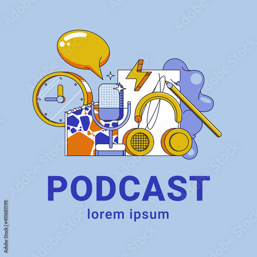 Media tools, earphones and mic doodle icon. Sound recording equipment, broadcasting facilities. Podcast studio items, microphone and headphones isolated color drawing