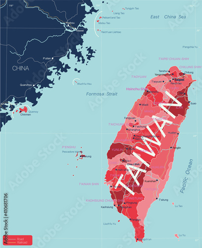 Taiwan detailed editable map with regions cities and towns, roads and railways, geographic sites. Vector EPS-10 file