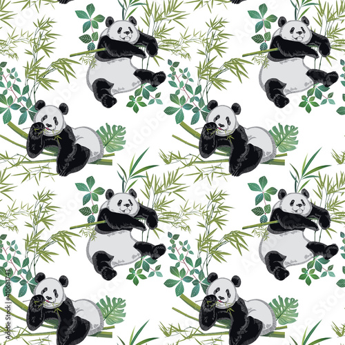 Seamless pattern with resting panda bears on white backround