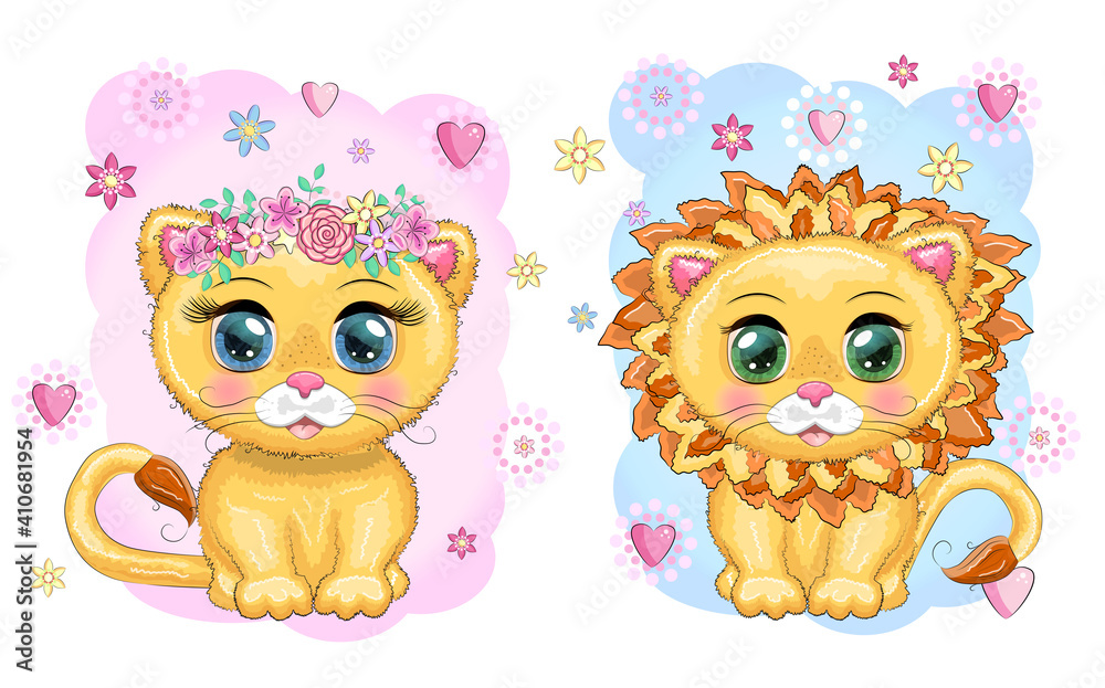 Cute cartoon lion and lioness with big eyes in a children's bright style among flowers, hearts. Cute cartoon lion and lioness with big eyes in a children's bright style among flowers, hearts.