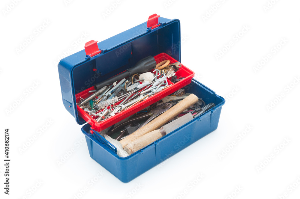 Old plastic toolbox isolated on white background