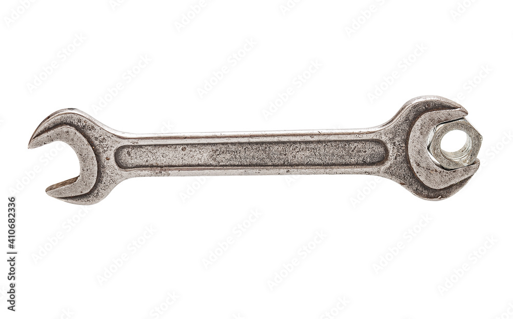 Old metal wrench close up isolated on white background Old metal wrench close up isolated on white background