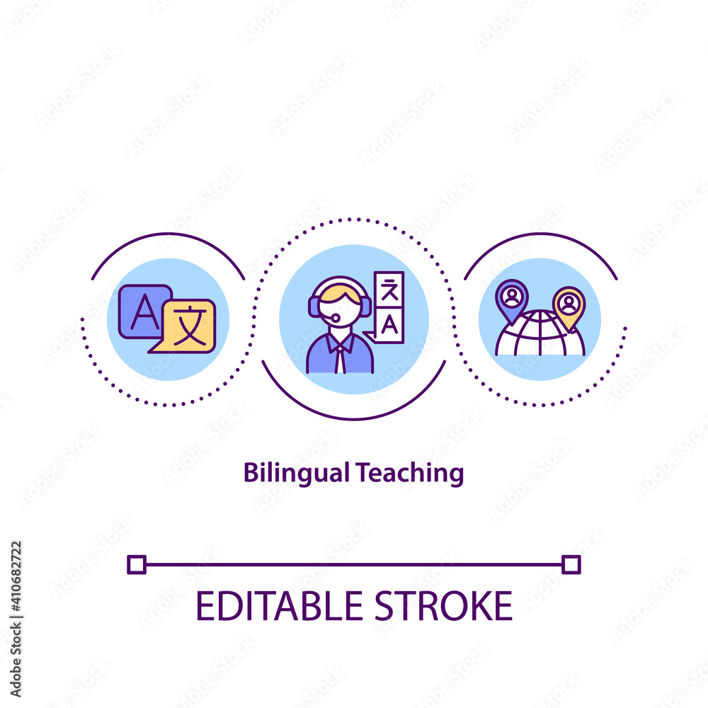 Bilingual teaching concept icon. Online learning idea thin line illustration. Professional online lessons. Contemporary education. Vector isolated outline RGB color drawing. Editable stroke
