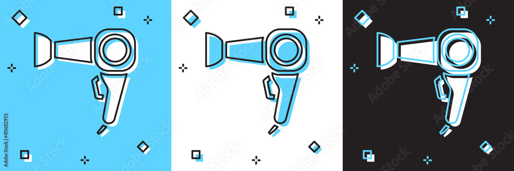Set Hair dryer icon isolated on blue and white, black background. Hairdryer sign. Hair drying symbol. Blowing hot air. Vector. Set Hair dryer icon isolated on blue and white, black background. Hairdryer sign. Hair drying symbol. Blowing hot air. Vector.
