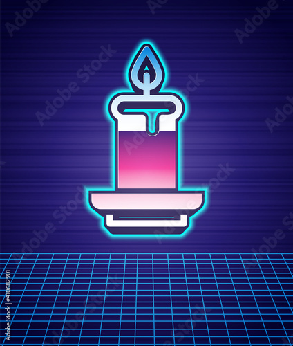 Retro style Aroma candle icon isolated futuristic landscape background. 80s fashion party. Vector.