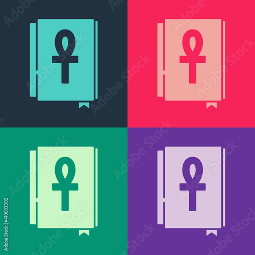 Pop art Cross ankh book icon isolated on color background. Vector.