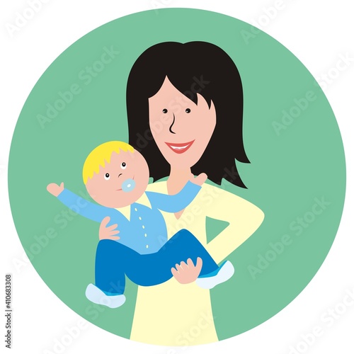 Mother with baby boy, vector illustration at circle green frame