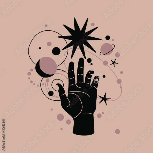 Alchemy esoteric mystical magic celestial talisman with moon, stars sacred geometry isolated. Spiritual occultism object. Vector illustrations in black outline style