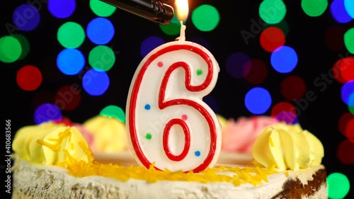 Number 6 Happy Birthday Cake With Burning Candles Topper.