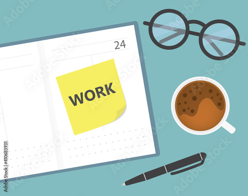 work written on yellow sticky note on open calendar- vector illustration