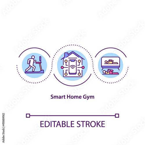 Smart home gym concept icon. Inovational devices for home to workout. Exercises that improve muscles idea thin line illustration. Vector isolated outline RGB color drawing. Editable stroke