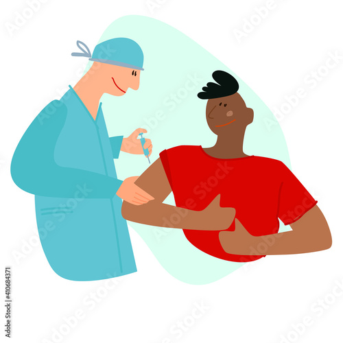 Vaccination time concept. Stop coronavirus concept. Doctor inoculates black male patient, making vaccine injection in shoulder. Vector illustration. Banner, poster, social media post