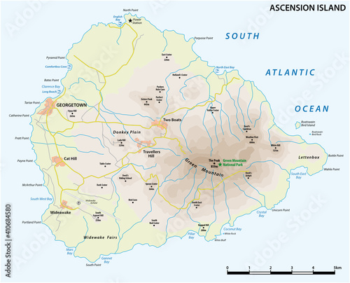 vector map of the volcanic island of Ascension in the South Atlantic Ocean, UK