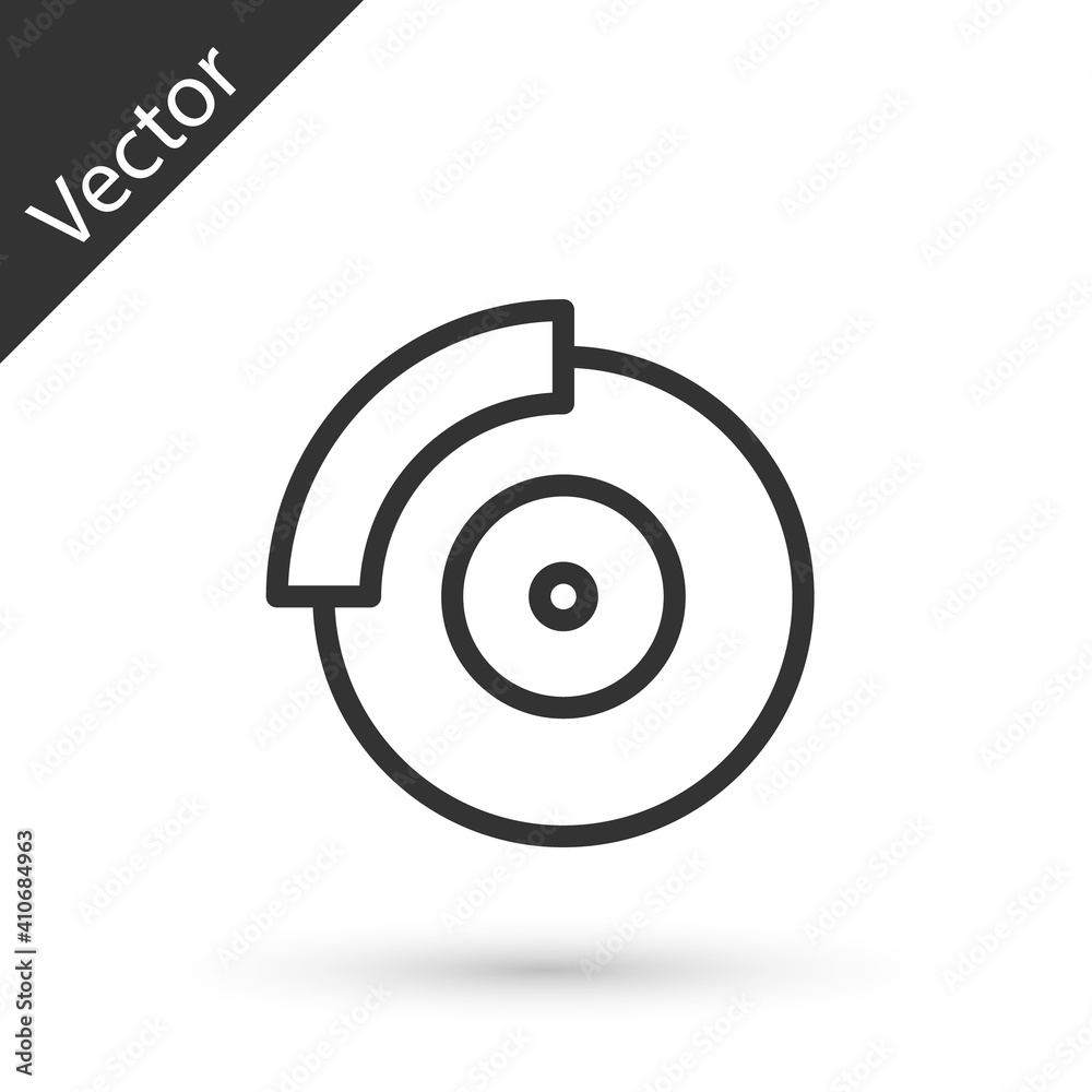 Grey line Car brake disk with caliper icon isolated on white background. Vector. Grey line Car brake disk with caliper icon isolated on white background. Vector.
