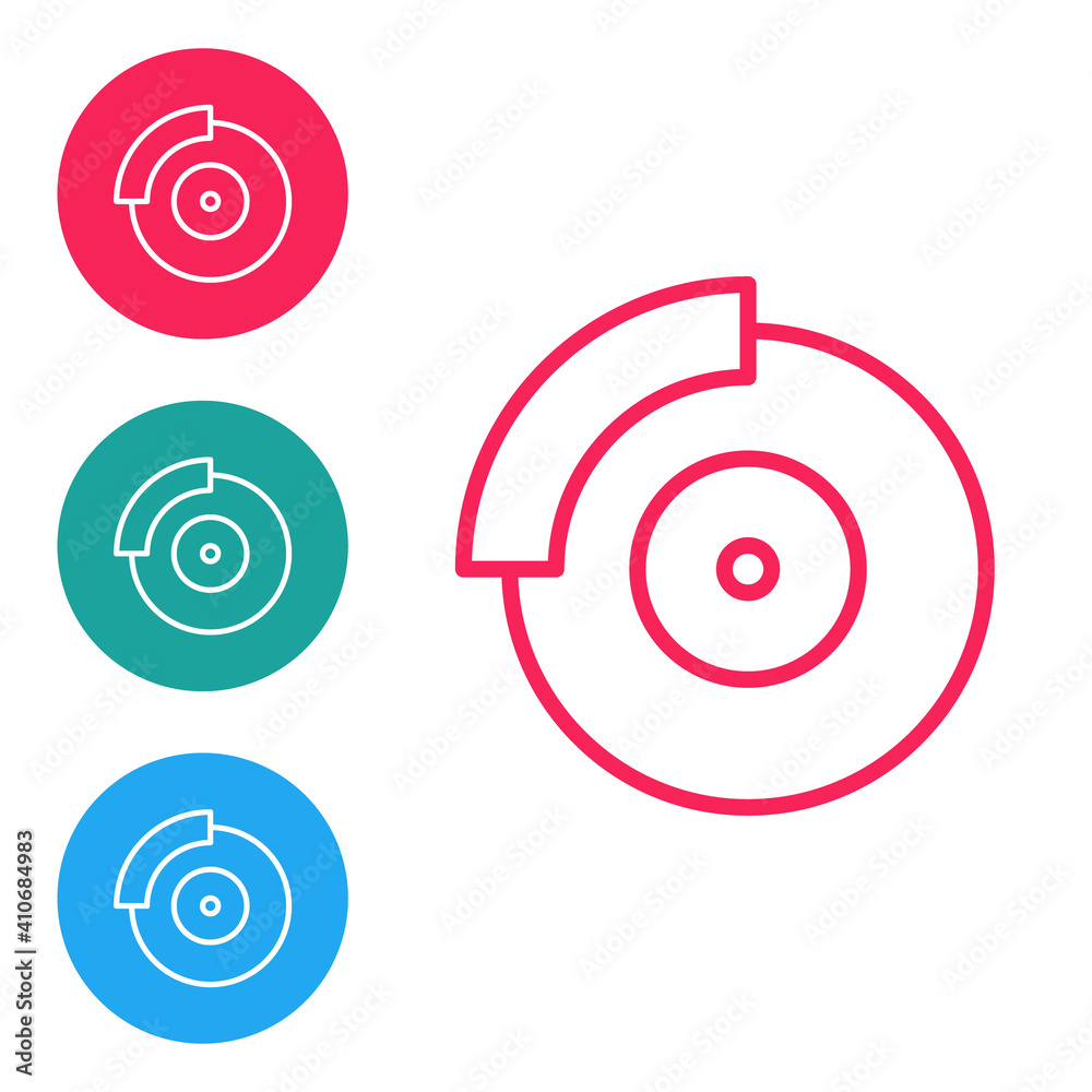 Red line Car brake disk with caliper icon isolated on white background. Set icons in circle buttons. Vector. Red line Car brake disk with caliper icon isolated on white background. Set icons in circle buttons. Vector.