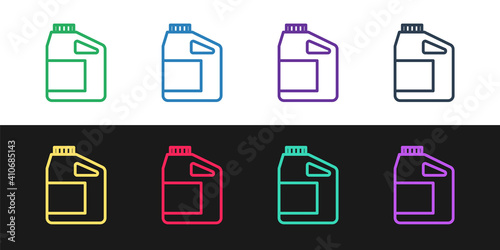 Set line Canister for motor machine oil icon isolated on black and white background. Oil gallon. Oil change service and repair. Engine oil sign. Vector.