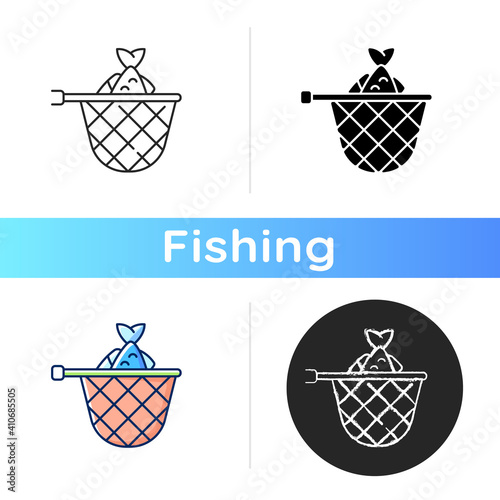 Landing net icon. Special fishing equipment. Seafood. Fish in landing net. Fishing contest, tool.. Fisherman catch fish. Linear black and RGB color styles. Isolated vector illustrations