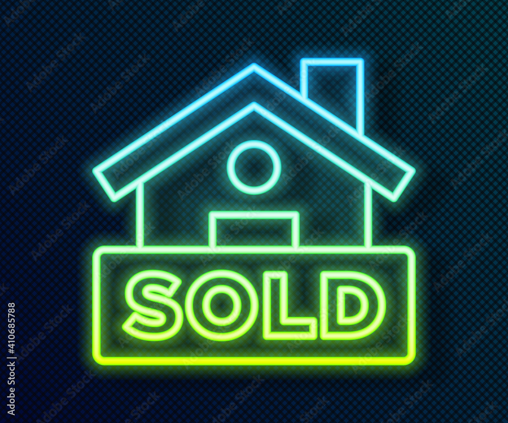 Glowing neon line Hanging sign with text Sold icon isolated on black background. Sold sticker. Sold signboard. Vector. Glowing neon line Hanging sign with text Sold icon isolated on black background. Sold sticker. Sold signboard. Vector.
