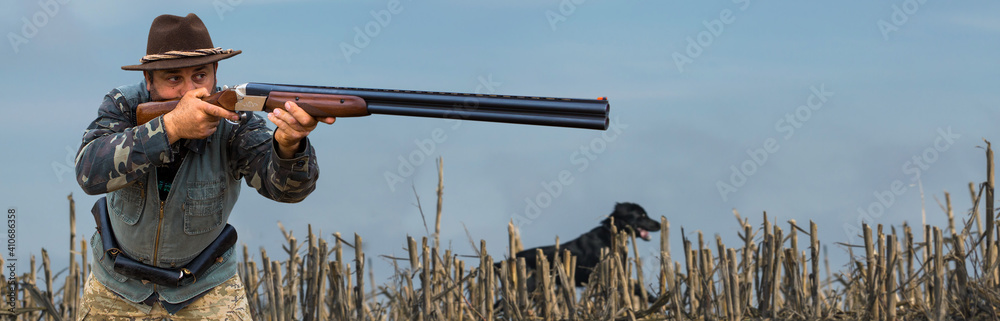 Fototapeta premium A hunter with a gun in his hands in hunting clothes in the autumn forest in search of a trophy. A man stands with weapons and hunting dogs tracking down the game.