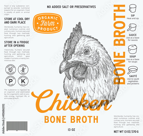 Chicken Bone Broth Label Template. Abstract Vector Food Packaging Design Layout. Modern Typography with Hand Drawn Bird Face Sketch Background with Instruction Icons. Isolated