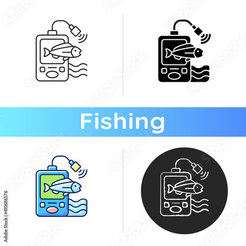 Fish finder icon. Fishers equipment. Way to find fish. Efficient fishing. Basic fishing gear. Hobby and leasure activities. Linear black and RGB color styles. Isolated vector illustrations
