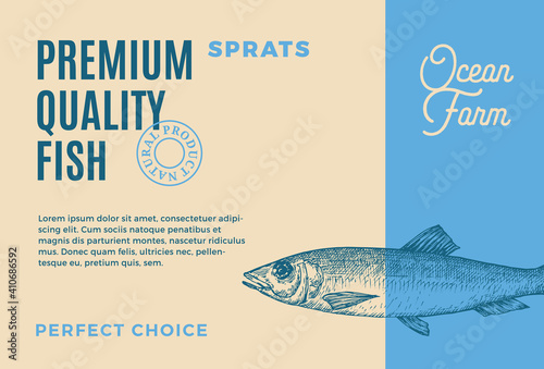 Premium Quality Sprats. Abstract Vector Food Packaging Design or Label. Modern Typography and Hand Drawn Fish Sketch Silhouette Background Layout