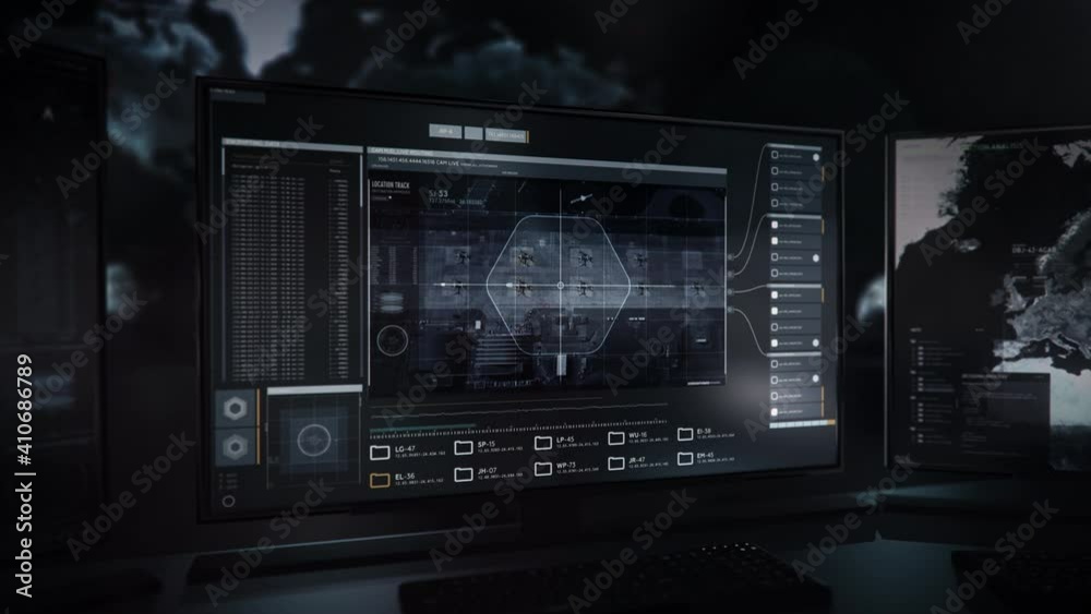 Video Stock Three computer monitors. Map of the world in the background ...