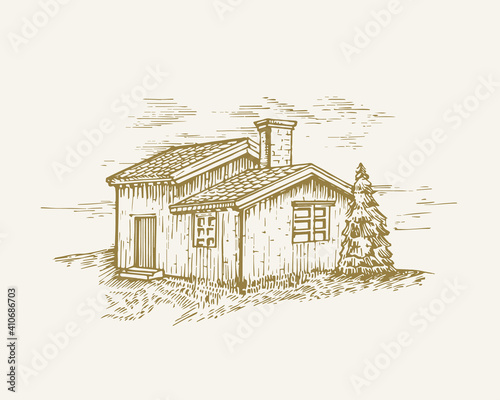 Hand Drawn Rural Buildings Landscape Vector Illustration. Wood Cabin and Pine Tree Sketch. Village Houses Doodle. Isolated