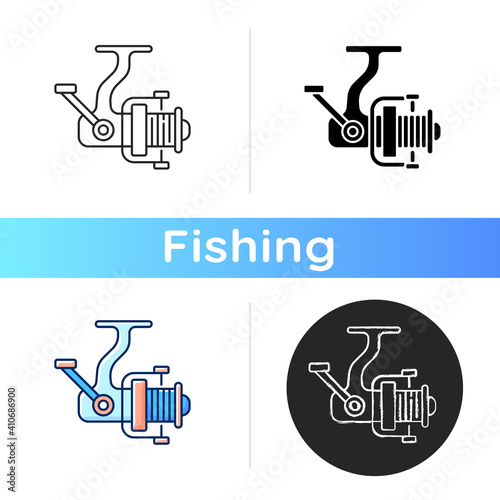 Fishing reel icon. Basic fishing equipment item. Spining part. Fishing line wound on a fishing reel. Fish sport. Linear black and RGB color styles. Isolated vector illustrations