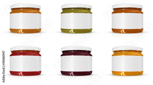 Set of White Blank Glass Jar Mockups. 3D Rendering. Isolated on White Background. Ready for your Design