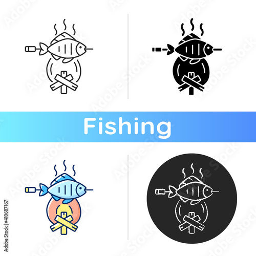 Cooking freshly caught fish icon. Fres sea food idea. Hobby and leasure activities. Making a fire. Outdoor cooking. Linear black and RGB color styles. Isolated vector illustrations