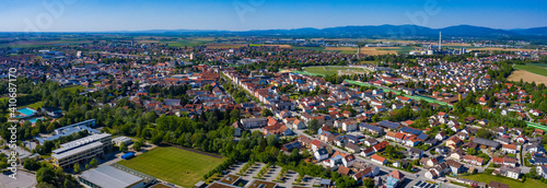 Aerial view of the city Plattling in Bayern in Germany, Bavaria on a sunny in spring 