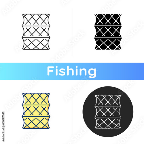 Fish trap icon. Trophy fishing. Fishing basic equipment. Fishers gear for saving fresh fish. Sea food. Fishing tournament. Linear black and RGB color styles. Isolated vector illustrations
