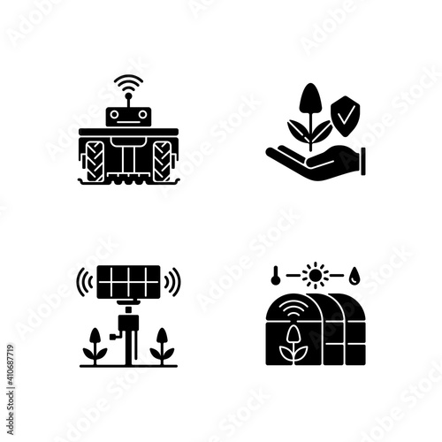 Smart agriculture black glyph icons set on white space. Robotics in farm. Digital greenhouse. Innovation technology. Agronomy engineering. Silhouette symbols. Vector isolated illustration