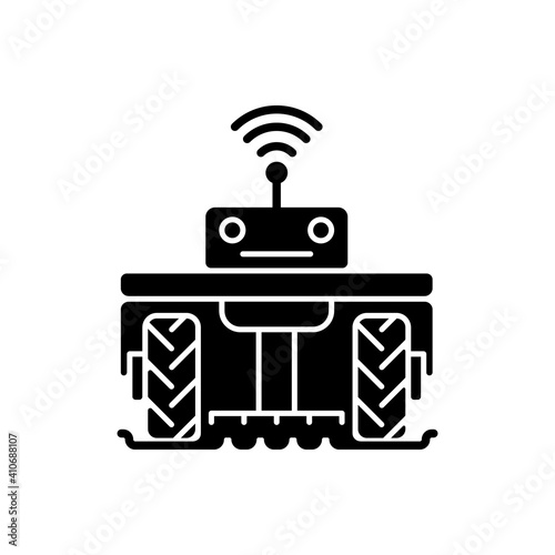 Robotics in agriculture black glyph icon. Automation in agronomy industry. Engineering in biotechnology. High-tech. Silhouette symbol on white space. Vector isolated illustration