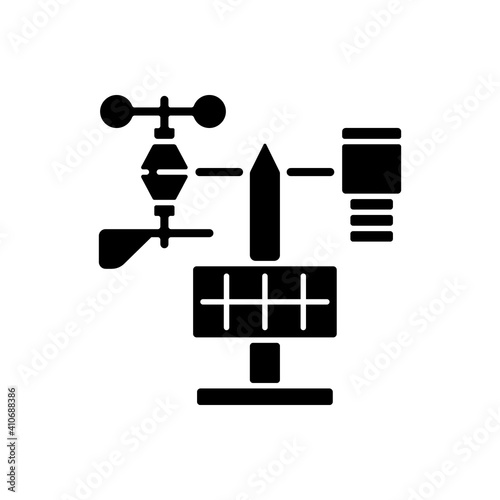 Weather stations black glyph icon. Agriculture meteo analysis. Optimal farming conditions. Weather data. Environmental monitoring. Silhouette symbol on white space. Vector isolated illustration photo