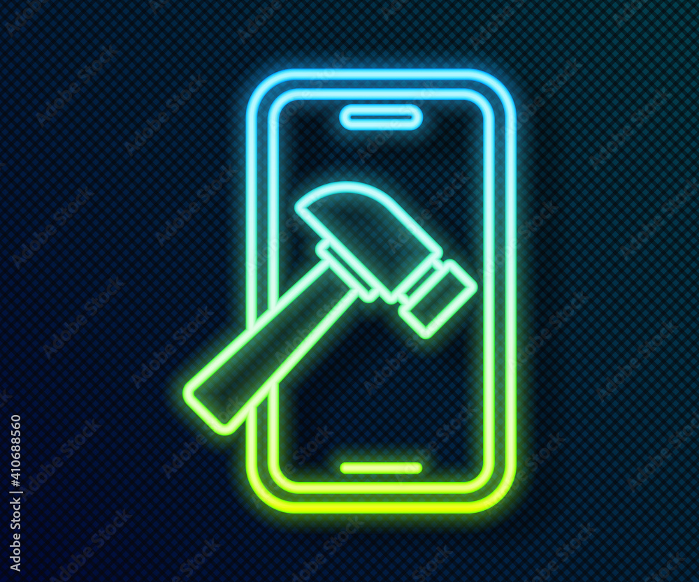 Glowing neon line Smartphone with broken screen icon isolated on black background. Shattered phone screen icon. Vector. Glowing neon line Smartphone with broken screen icon isolated on black background. Shattered phone screen icon. Vector.