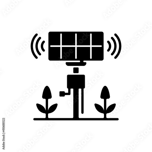 Smart agriculture sensors black glyph icon. Precision agrotechnology. Crops optimizing. Harvest monitoring. Farm analyzing systems. Silhouette symbol on white space. Vector isolated illustration