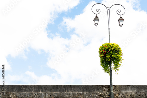 Impressive street lamp with a bush hanging in the middle of it. It is on the right side of the image. White and blue background of the clouds and sky.