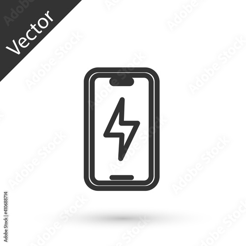Free Download Grey line Smartphone charging battery icon isolated on white background. Phone with a low battery charge. Vector. - GFXLoad