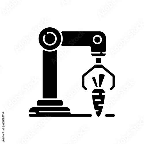 Harvesting robotics black glyph icon. Smart industrial environments. Modern farm technology. Automation and engineering in biotechnology. Silhouette symbol on white space. Vector isolated illustration