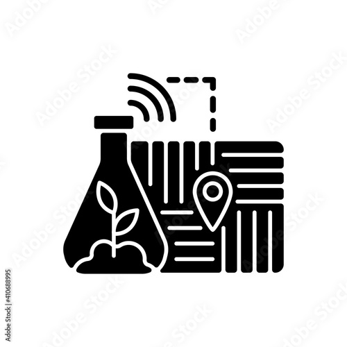 GPS soil sampling black glyph icon. Precision agriculture. Smart farm. Navigate for accurate sampling locations. Silhouette symbol on white space. Vector isolated illustration