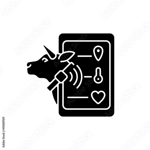 Livestock monitoring black glyph icon. Cattle tracking systems. Cows location monitoring. Smart agritech. Animal identification. Silhouette symbol on white space. Vector isolated illustration